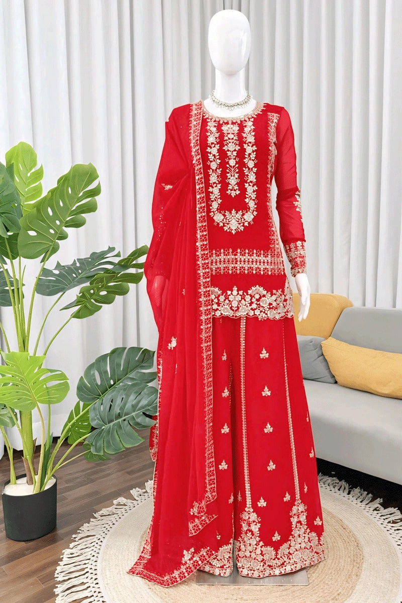 Fashion Red Georgette Embroidered Sequin Palazzo Suit