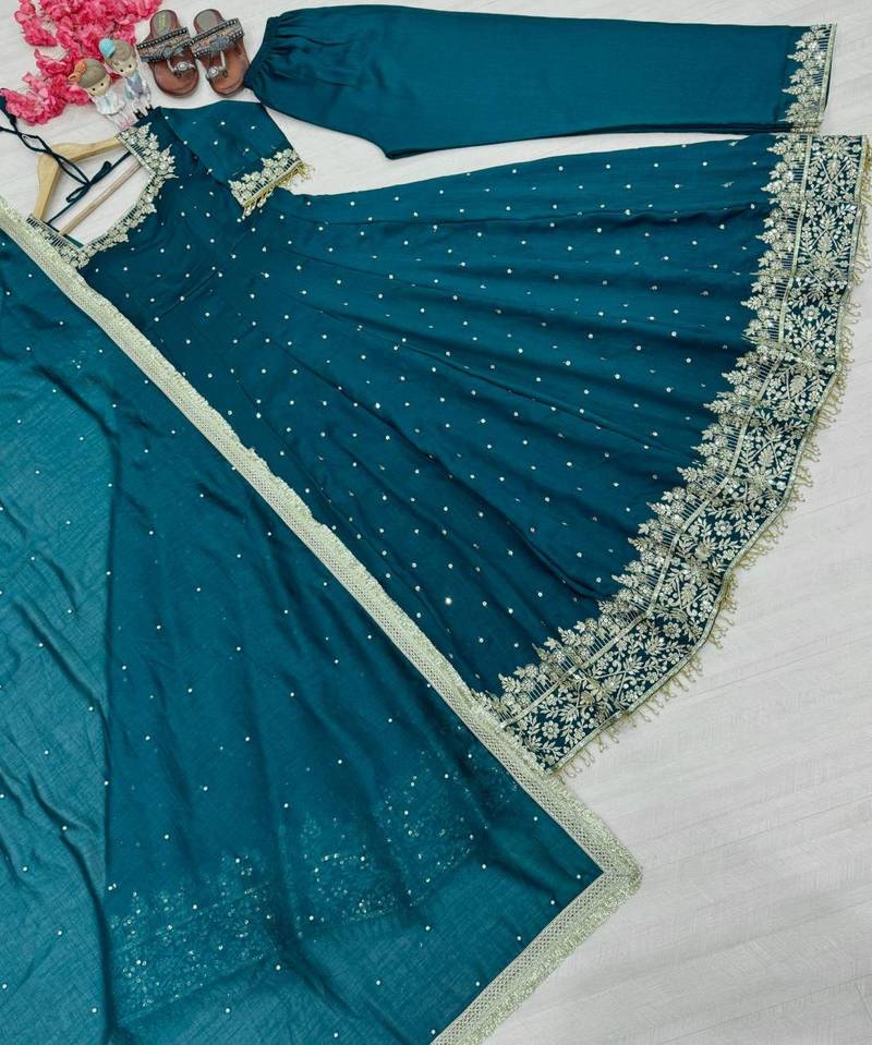 Silk Anarkali Gown Dupatta Pent Plazzo Set With Embroidery Sequence Work