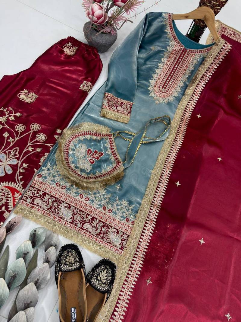Silk Embroidered Sequence Work Plazzo Set With Purse
