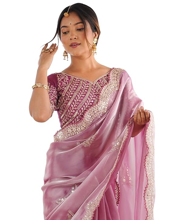 Organza Sequence Embroidery Scollped Border Saree