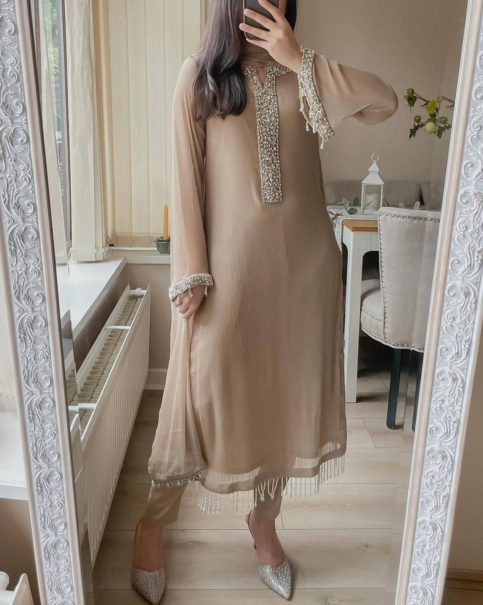 Brown Georgette Beads Stones Hand Embroidered Straight Pant Suit