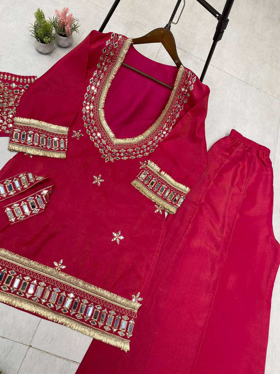 Embroidered Palazzo Suit | Festive 4-Piece Mirror Work Set