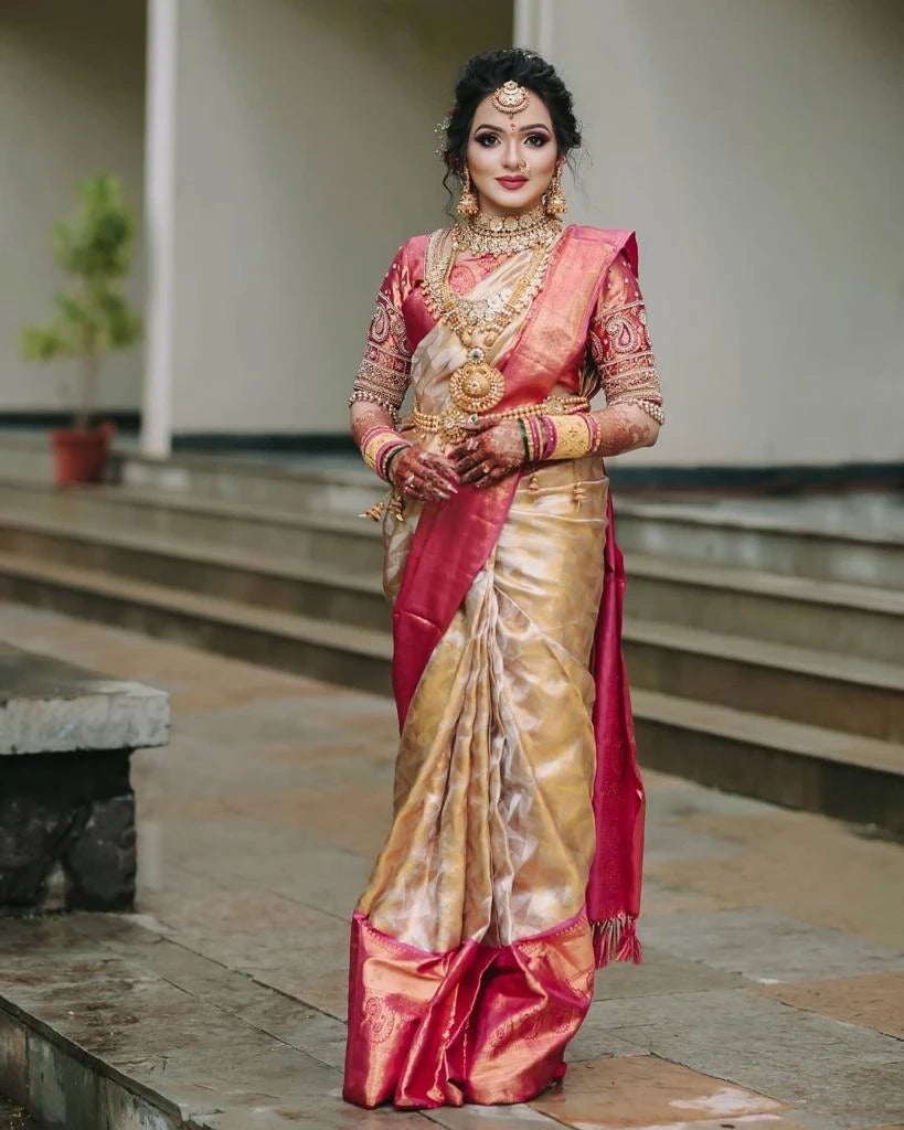 Off-White Soft Litchi Silk Lace Border Saree With Unstitched Blouse