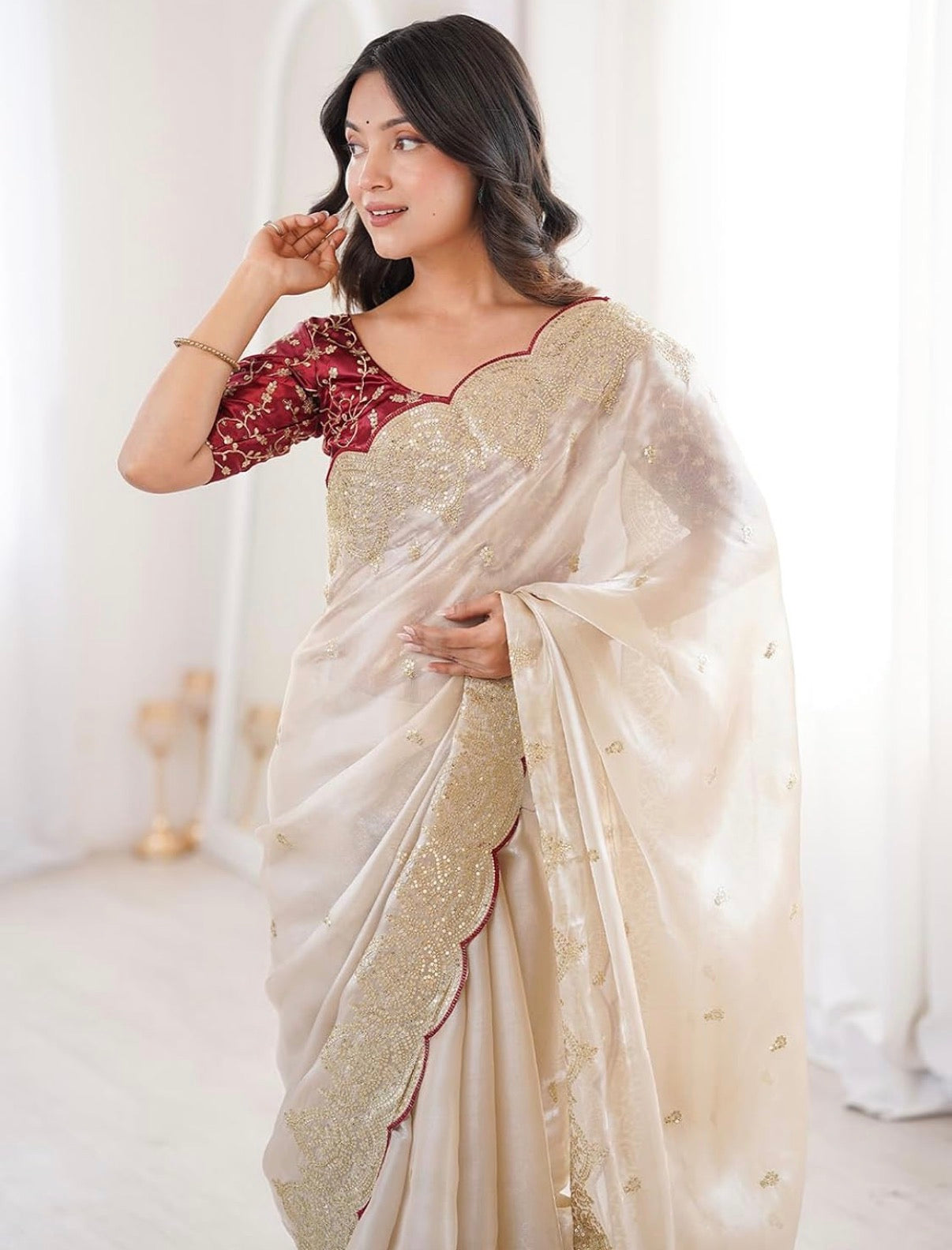 Cream and red saree✨