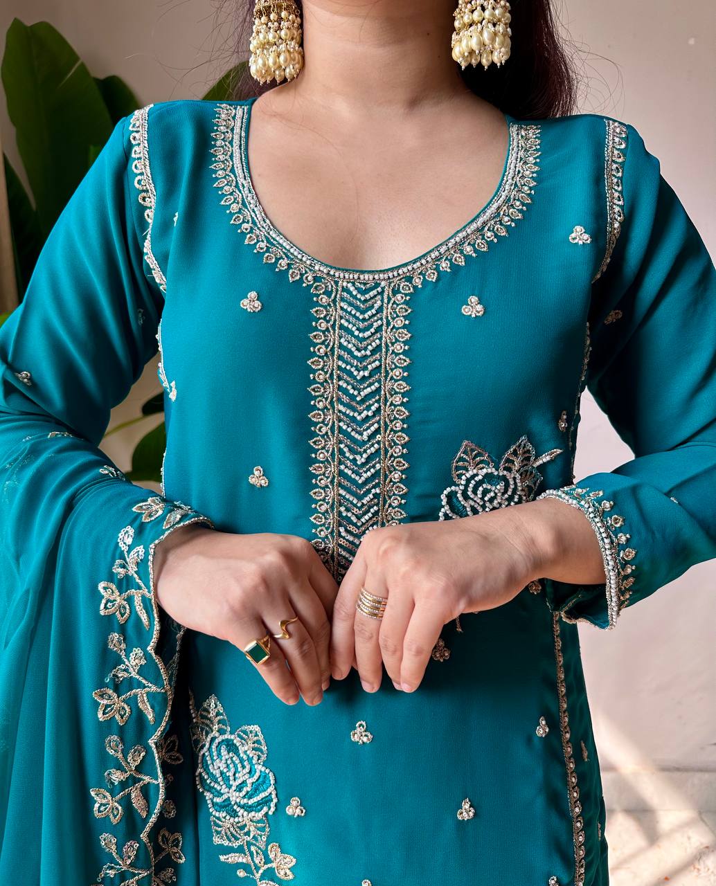 Festive Special Designer Fox Georgette Beads Work Kurti Gharara Suit With Dupatta