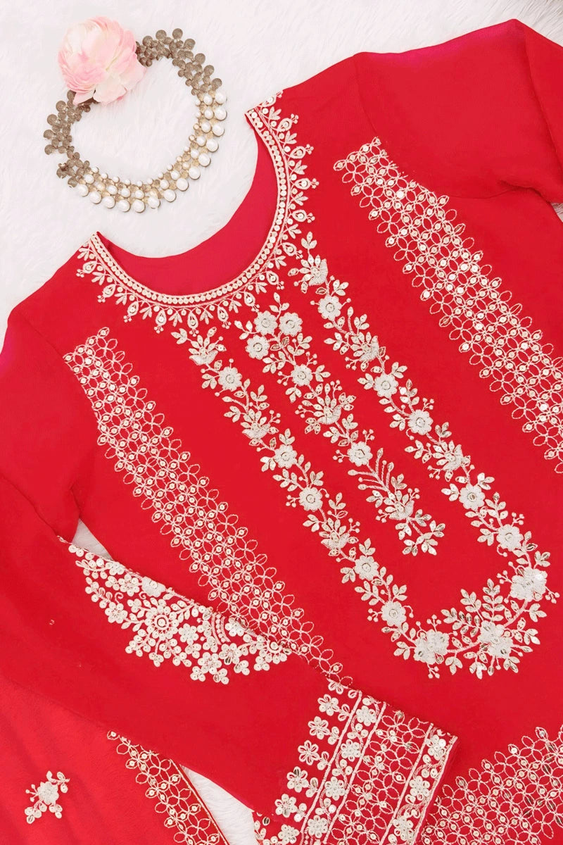 Fashion Red Georgette Embroidered Sequin Palazzo Suit