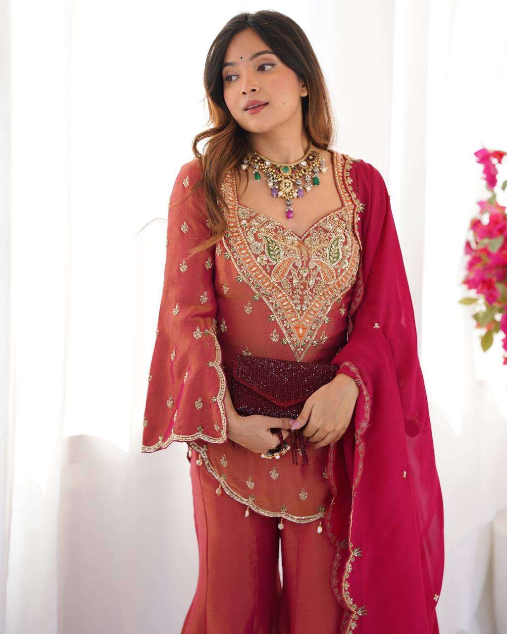 Attractive Pink Silk Palazzo Suit With Dupatta