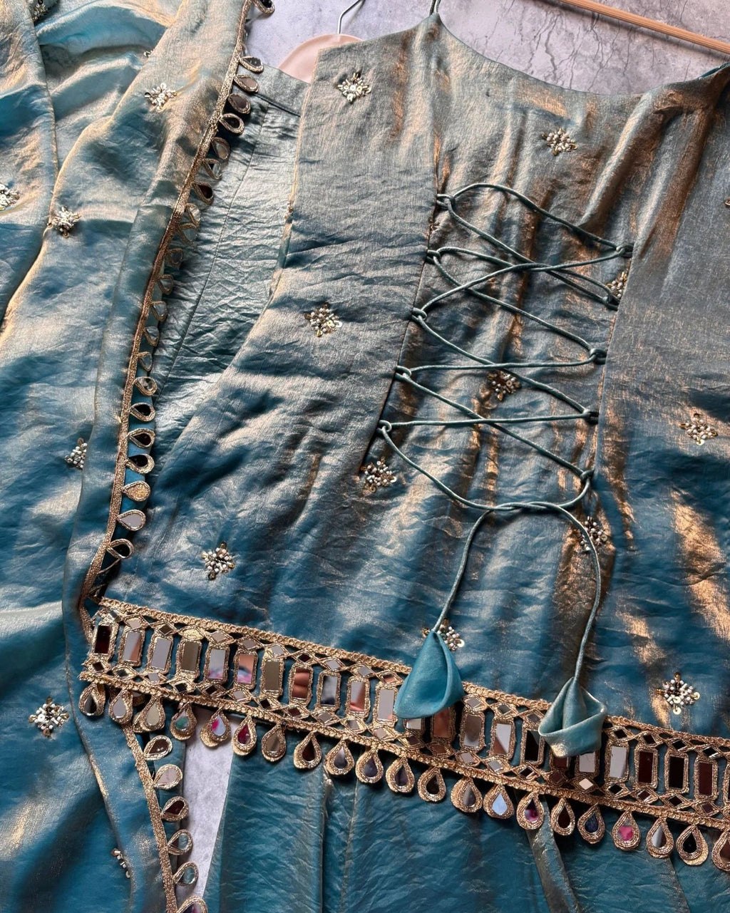 Sky Blue Mirror Work Sharara Set