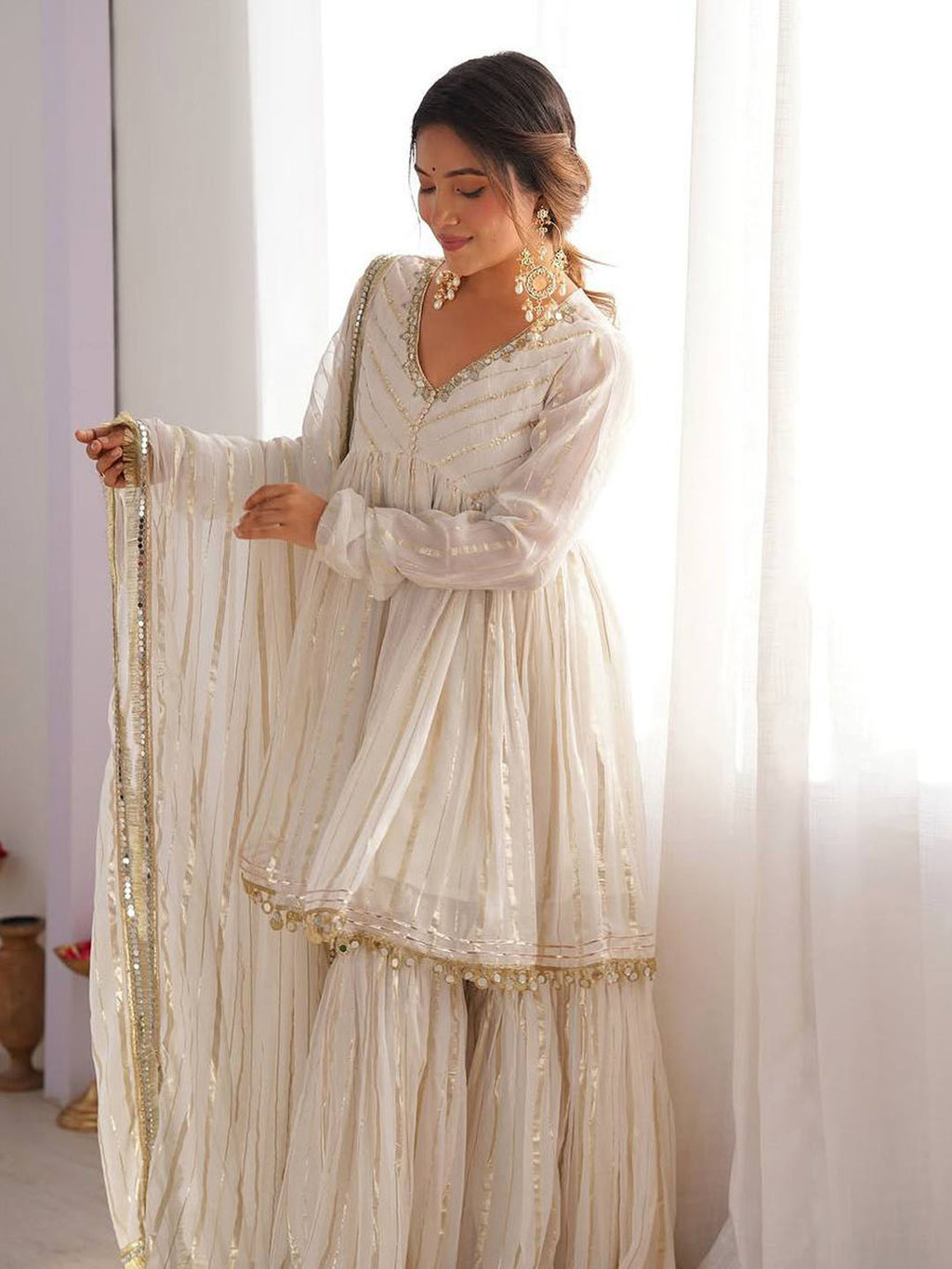 White Color Mal Chanderi Fabric With Mirror Work Top Sharara