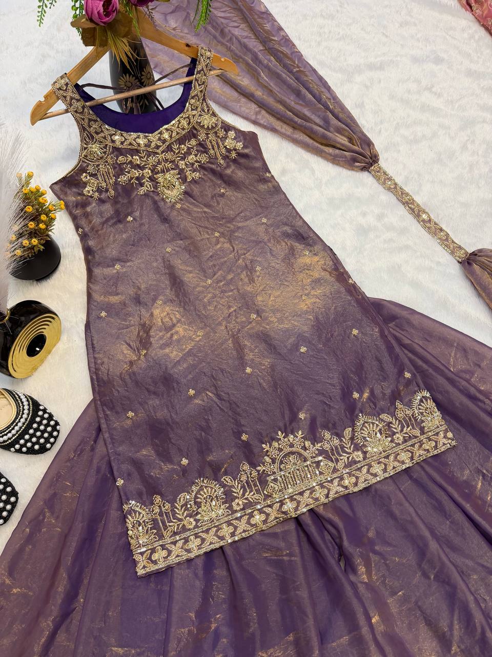Embroidered Sequence Ready To Wear Top Palazzo Dupatta Set