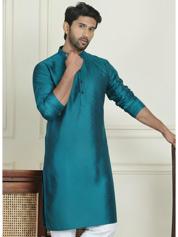 Mens Teal Art Silk Embroidered Kurta with Pyjama