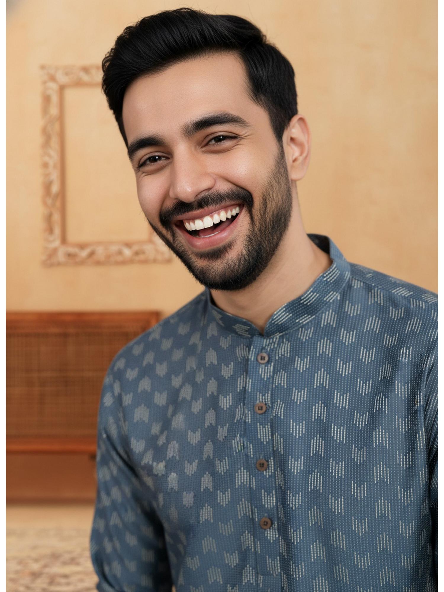 Mens Grey Cotton Woven Kurta with Cotton Pyjama