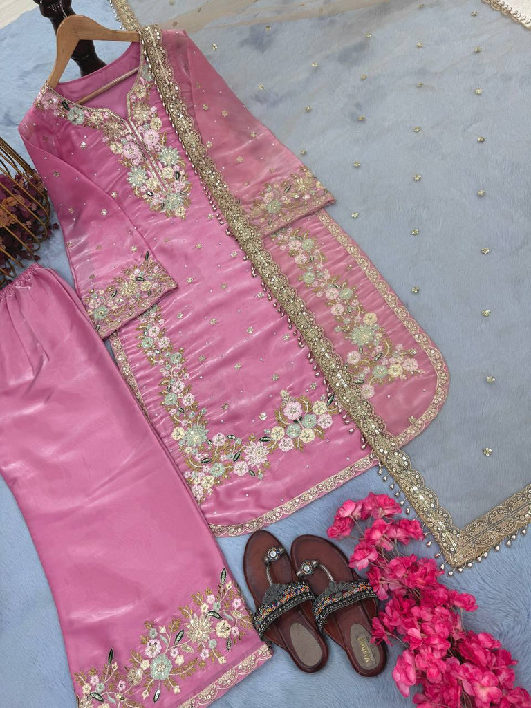 Party Wear Chinon Silk Plazzo Set – Exquisite Embroidery & Handwork