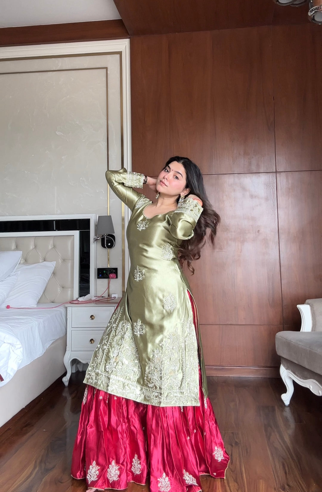 Olive Green Embroidered Kurta with Red Sharara and Dupatta