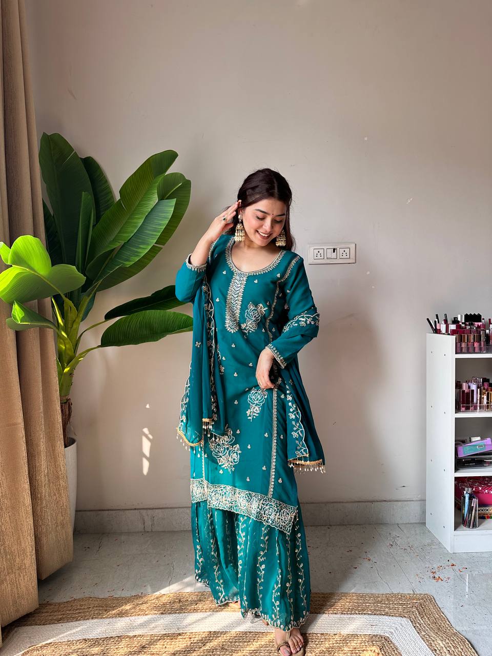 Festive Special Designer Fox Georgette Beads Work Kurti Gharara Suit With Dupatta