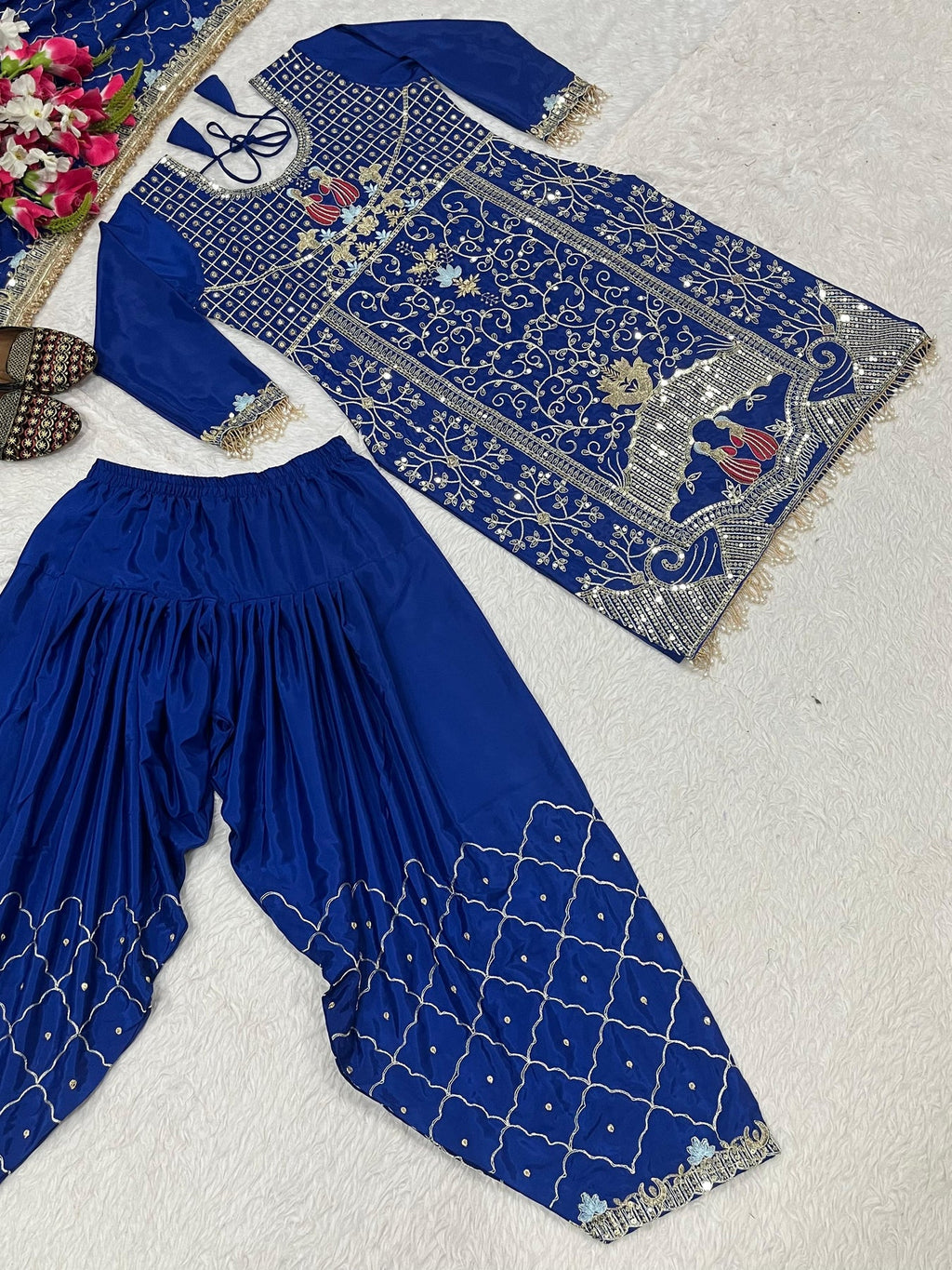 Embroidered Royal Blue salwar Suit: Peacock Motif Ethnic Outfit
