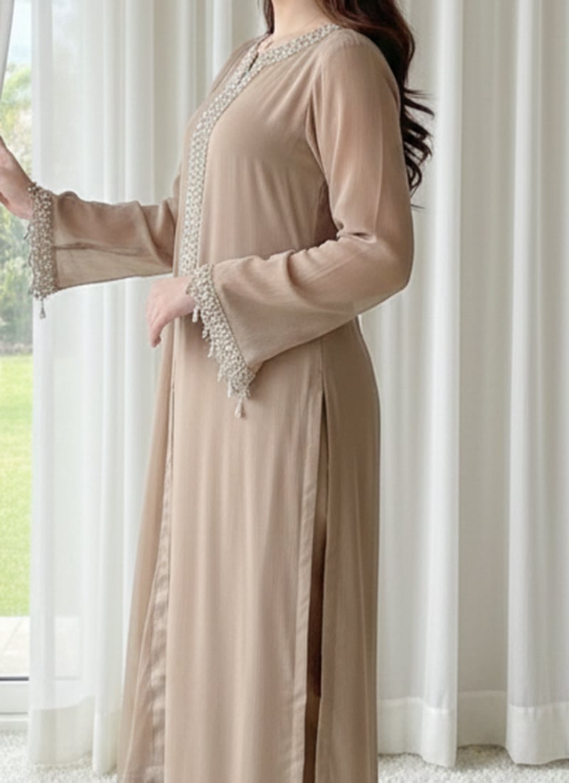 Brown Georgette Beads Stones Hand Embroidered Straight Pant Suit