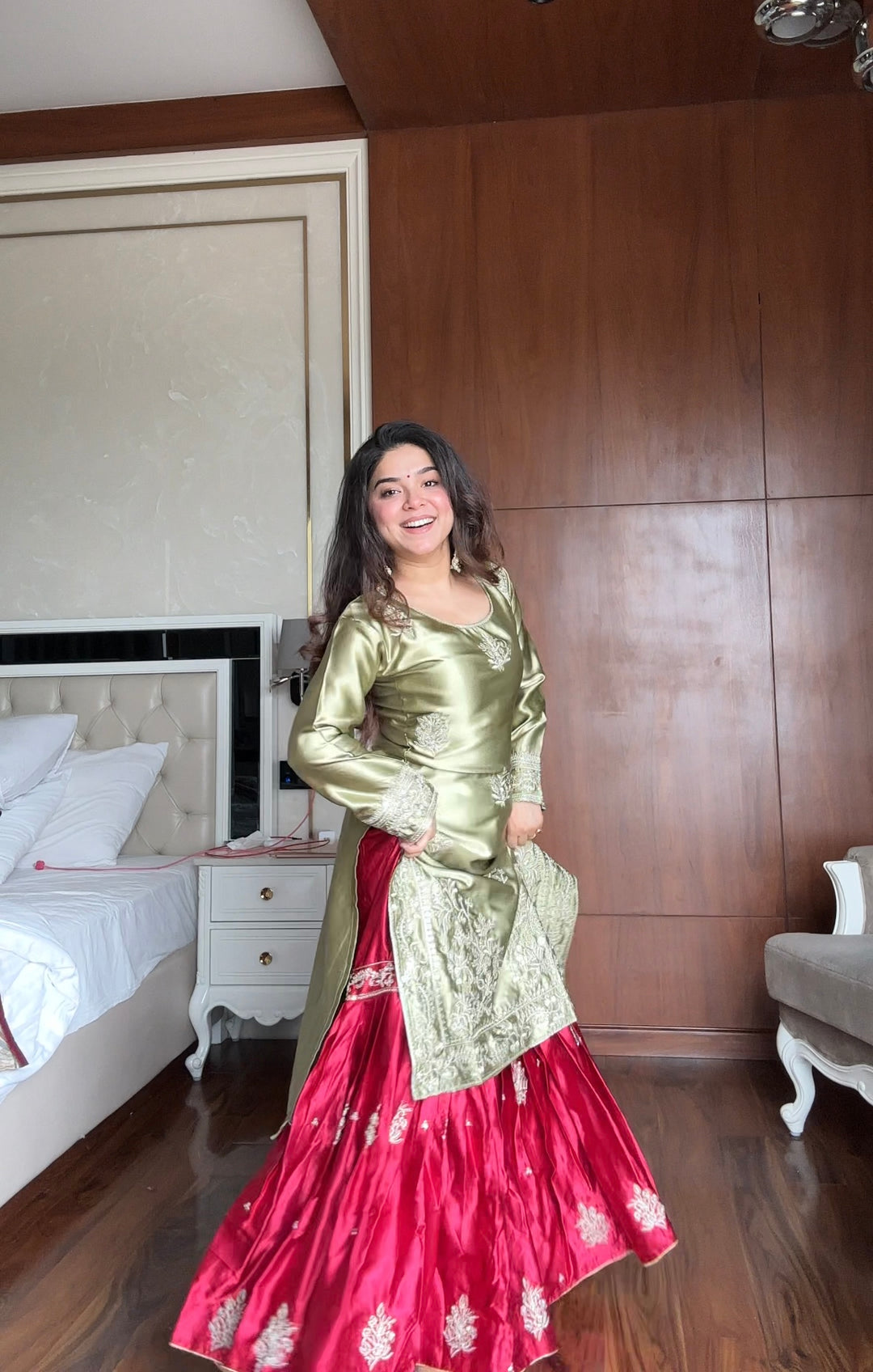 Olive Green Embroidered Kurta with Red Sharara and Dupatta