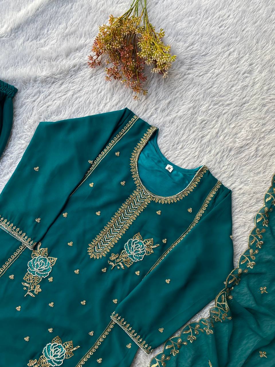 Festive Special Designer Fox Georgette Beads Work Kurti Gharara Suit With Dupatta