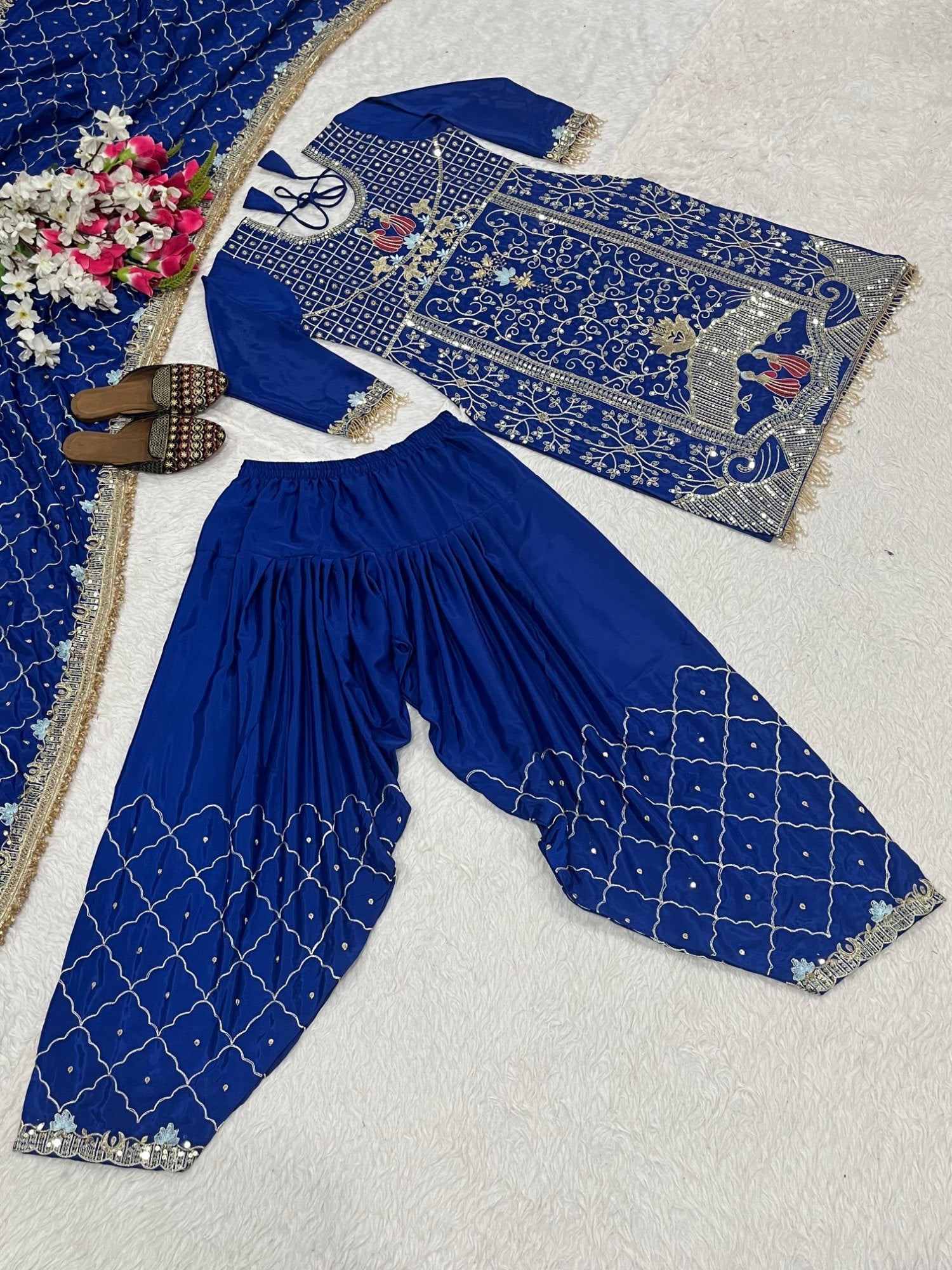 Embroidered Royal Blue salwar Suit: Peacock Motif Ethnic Outfit