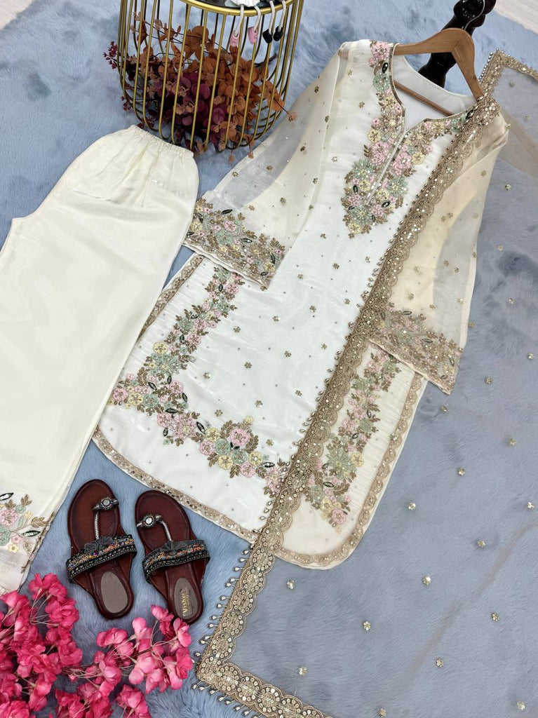 Party Wear Chinon Silk Plazzo Set – Exquisite Embroidery & Handwork