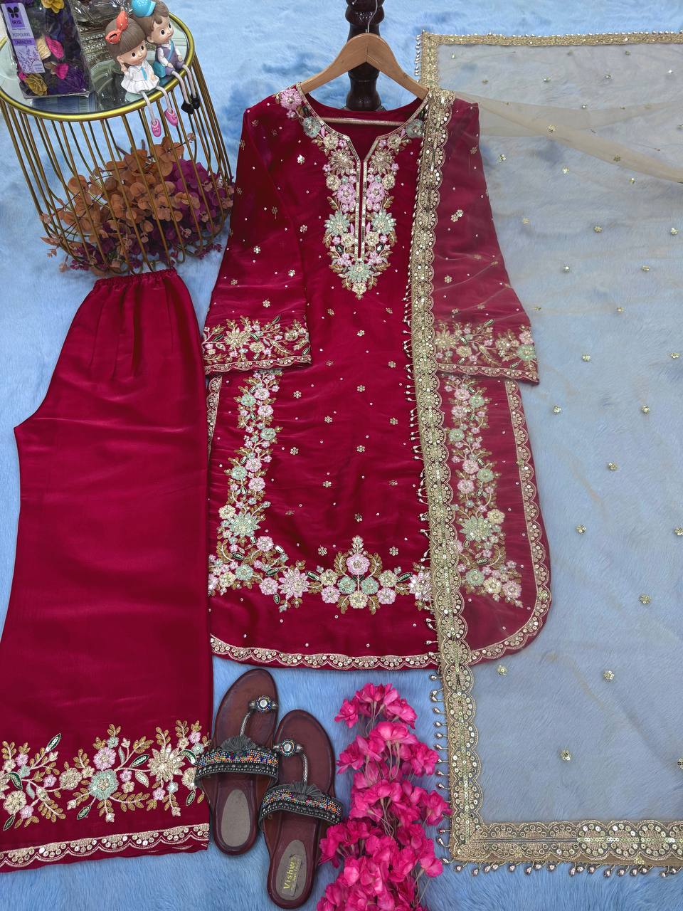 Party Wear Chinon Silk Plazzo Set – Exquisite Embroidery & Handwork