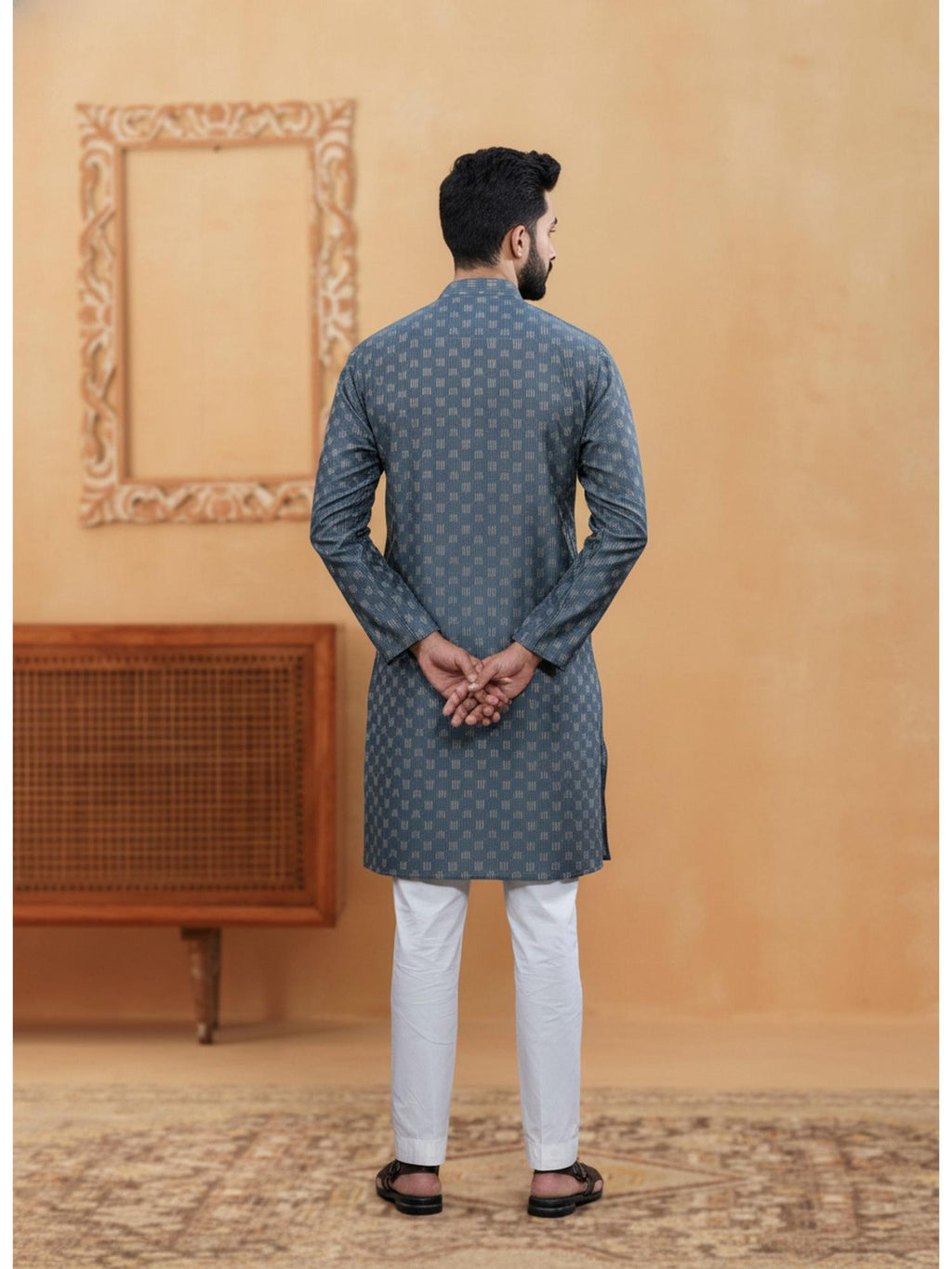 Mens Grey Cotton Woven Kurta with Cotton Pyjama
