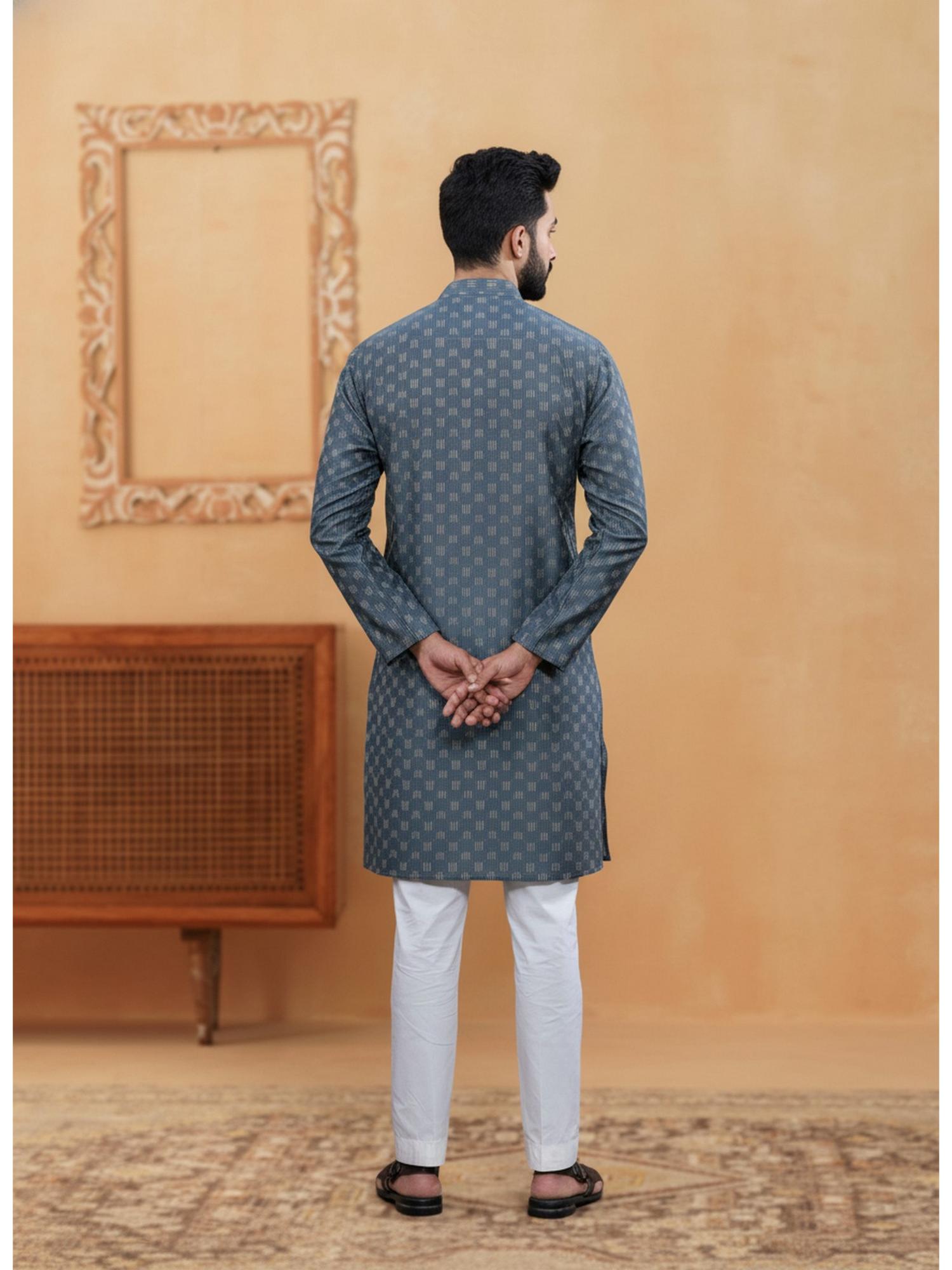 Mens Grey Cotton Woven Kurta with Cotton Pyjama