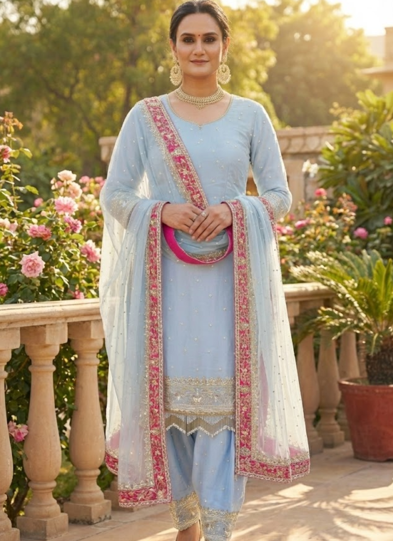 Designer Heavy Diamond Georgette Embroidery Work Punjabi Salwar Suit Set