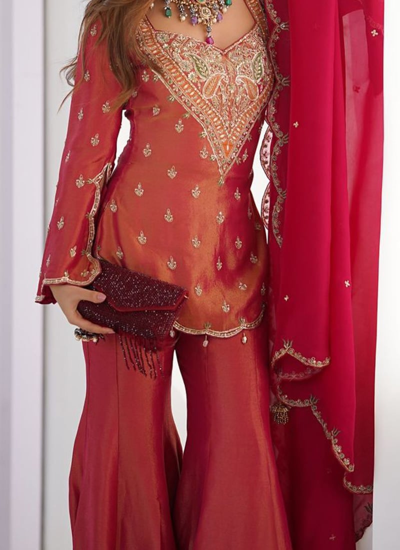 Attractive Pink Silk Palazzo Suit With Dupatta