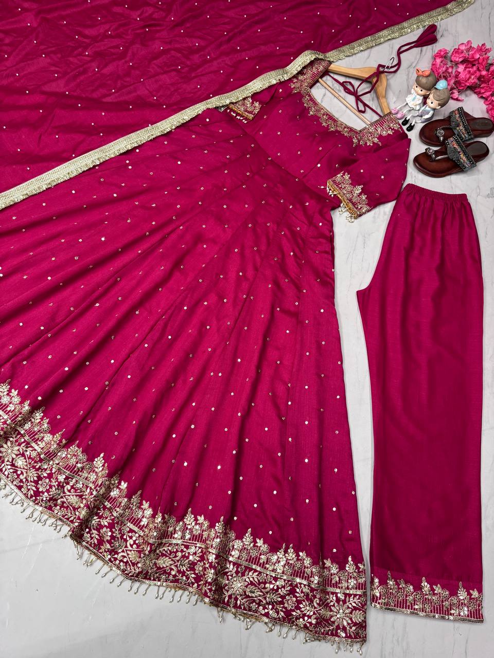 Silk Anarkali Gown Dupatta Pent Plazzo Set With Embroidery Sequence Work