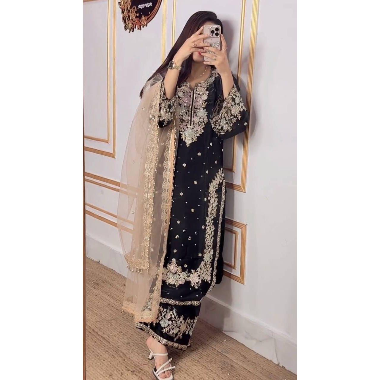 Party Wear Chinon Silk Plazzo Set – Exquisite Embroidery & Handwork