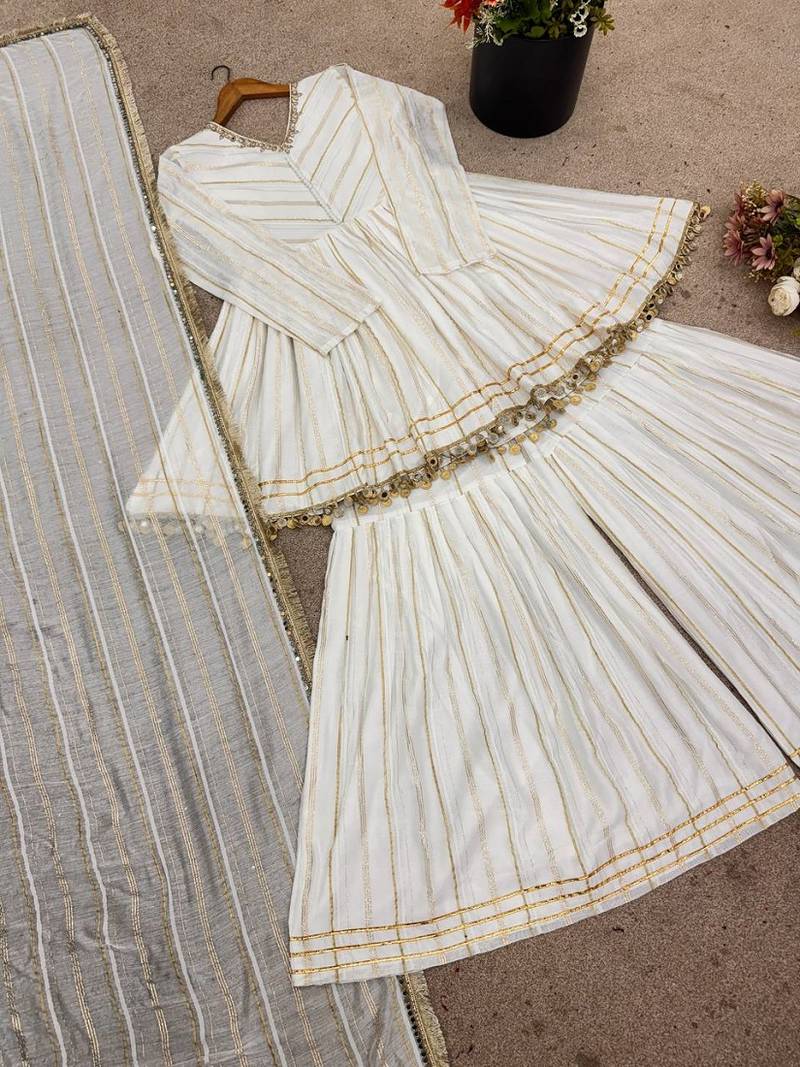 White Color Mal Chanderi Fabric With Mirror Work Top Sharara