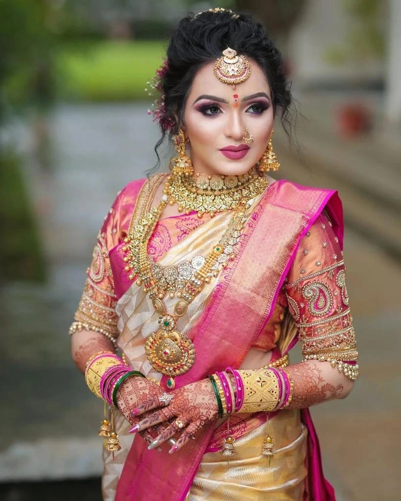 Off-White Soft Litchi Silk Lace Border Saree With Unstitched Blouse