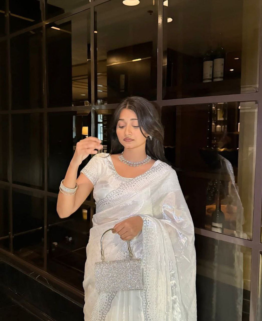 Trending White Soft Chinon Silk Daimond Work Lace Border Saree