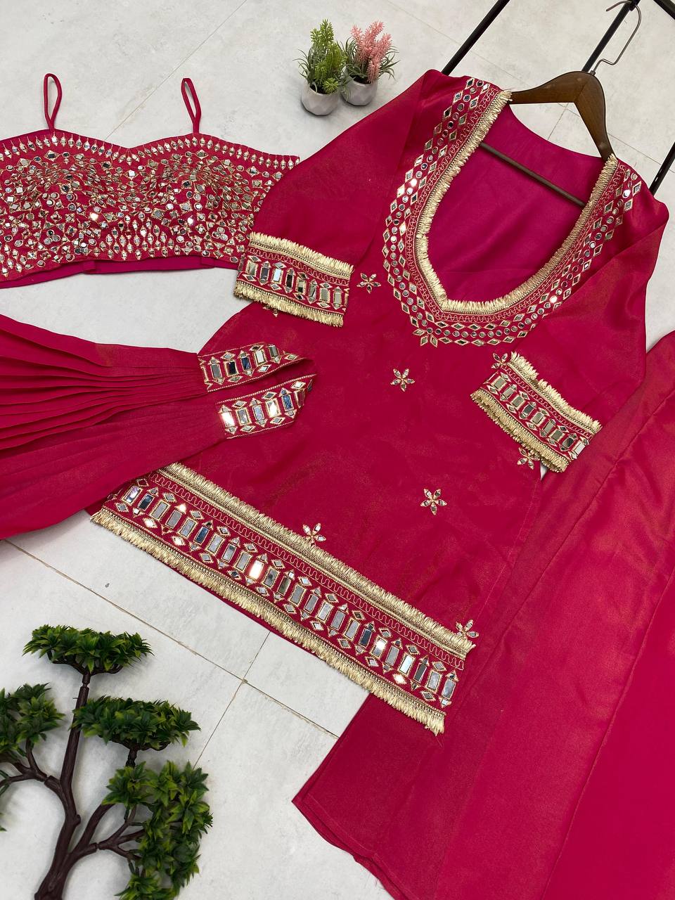 Embroidered Palazzo Suit | Festive 4-Piece Mirror Work Set
