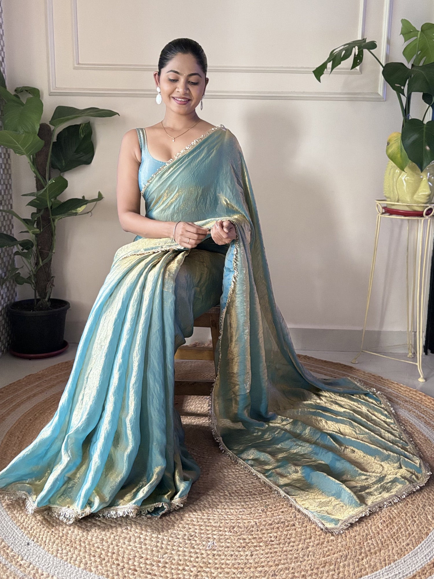 Paper Silk Teal Blue Embellished Designer Saree