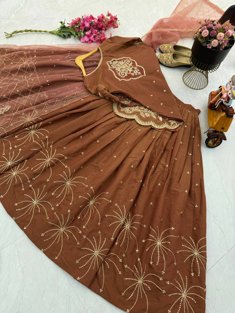Brown Simmer Silk Lehenga Set With Dupatta