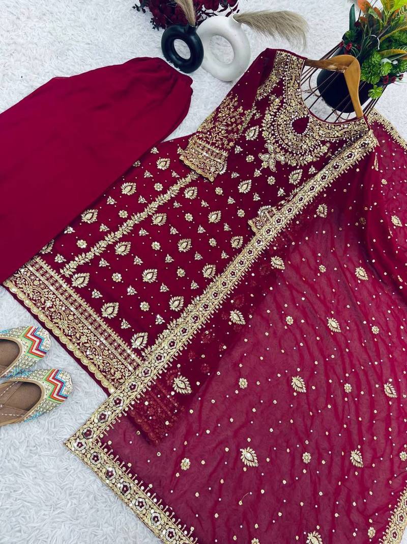 Designer Party Wear Look Top-Plazzo And Dupatta With Heavy Embroidery Work
