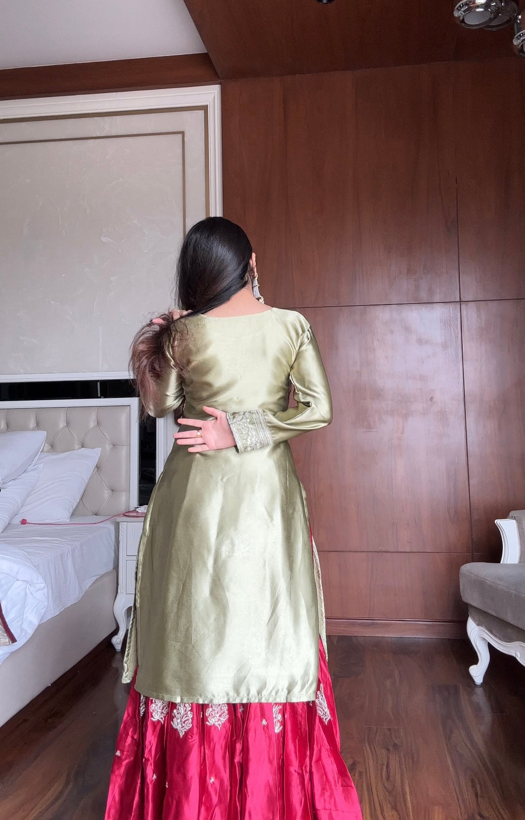 Olive Green Embroidered Kurta with Red Sharara and Dupatta