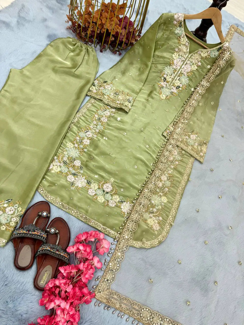 Party Wear Chinon Silk Plazzo Set – Exquisite Embroidery & Handwork