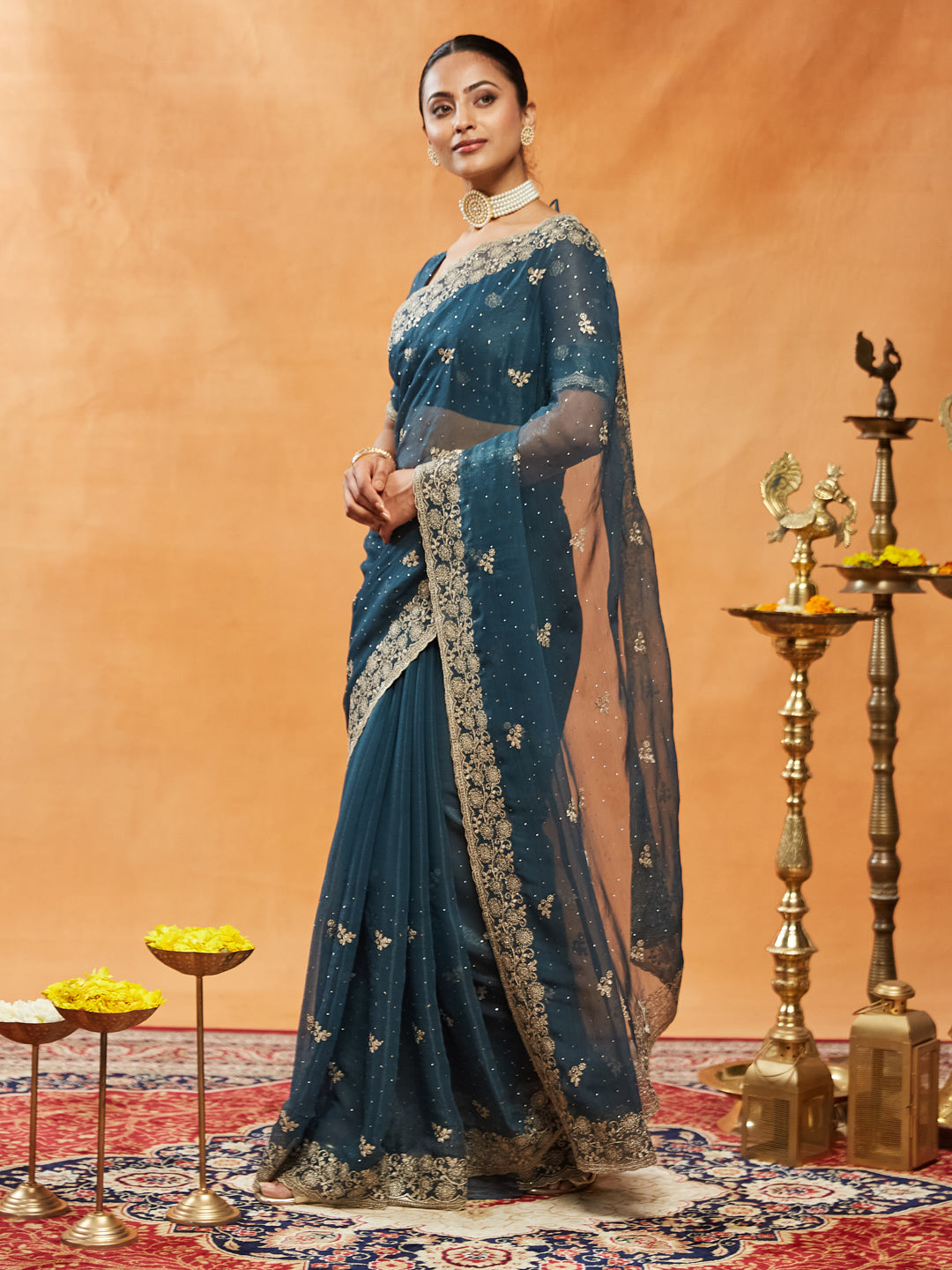 Turquoise Blue Embroidered Chiffon Saree