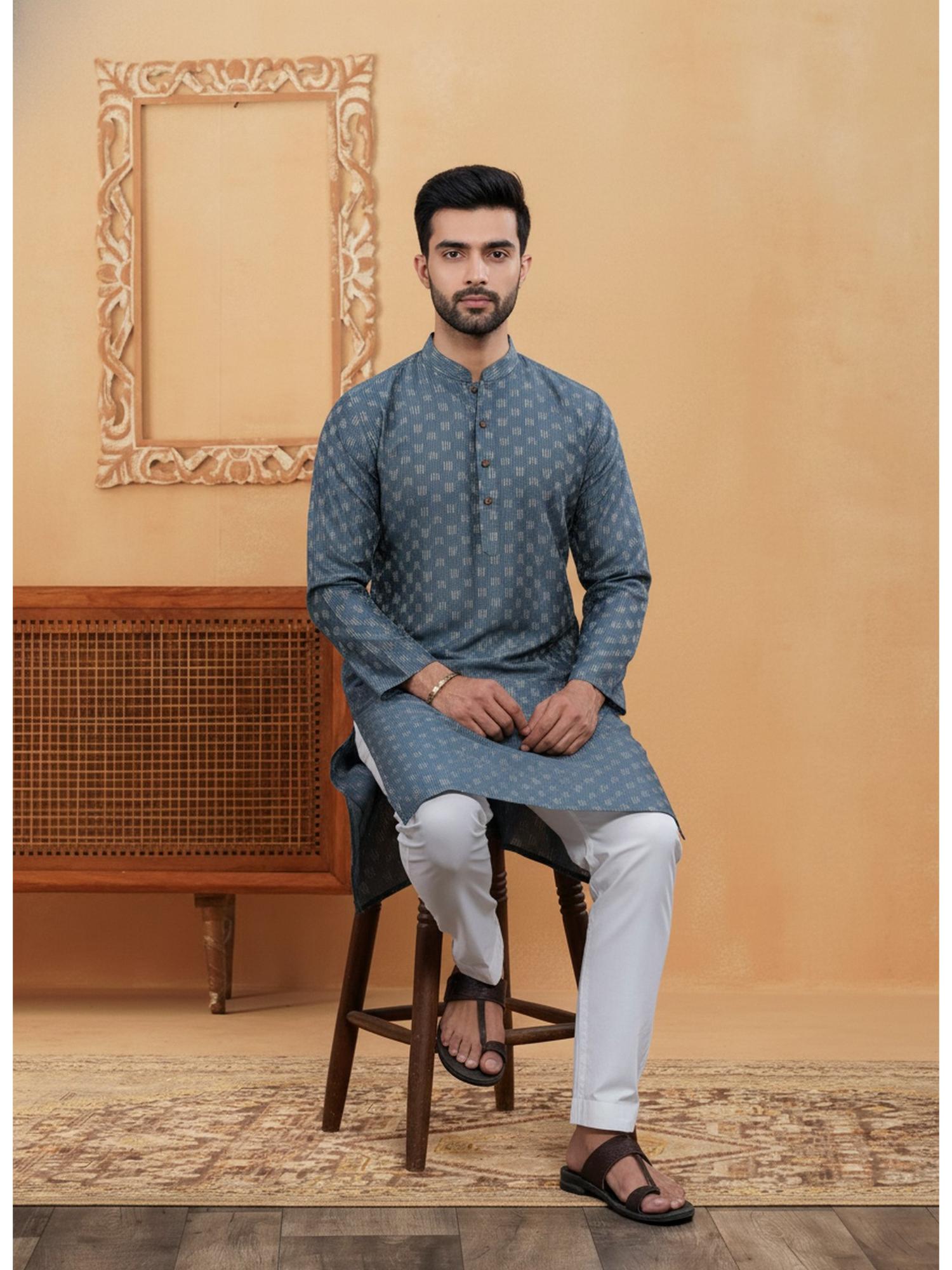 Mens Grey Cotton Woven Kurta with Cotton Pyjama