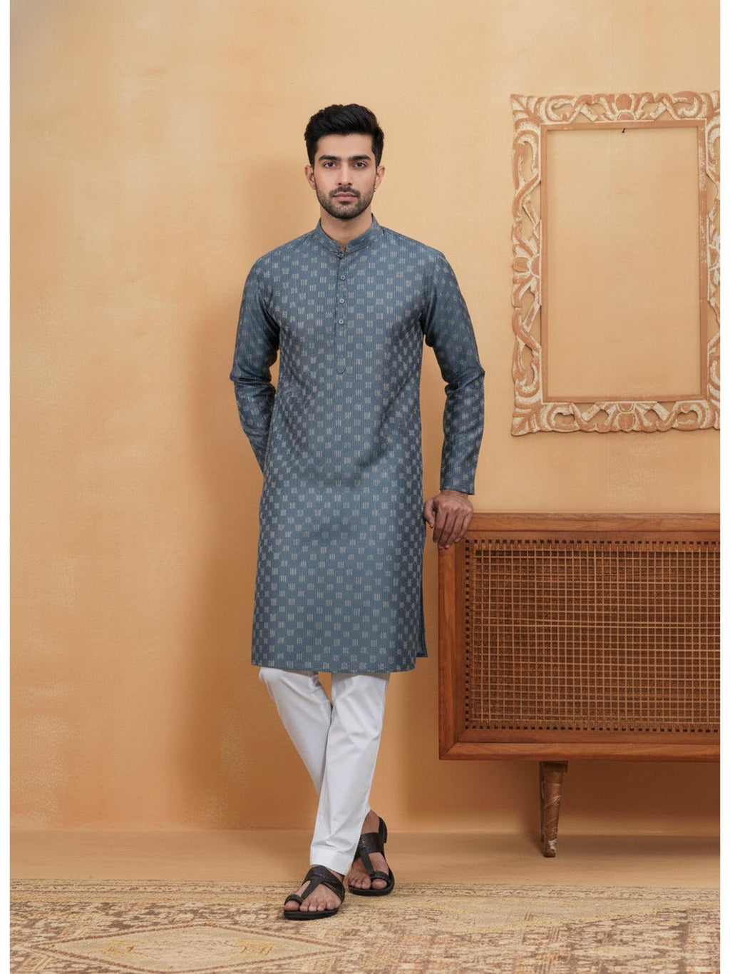 Mens Grey Cotton Woven Kurta with Cotton Pyjama