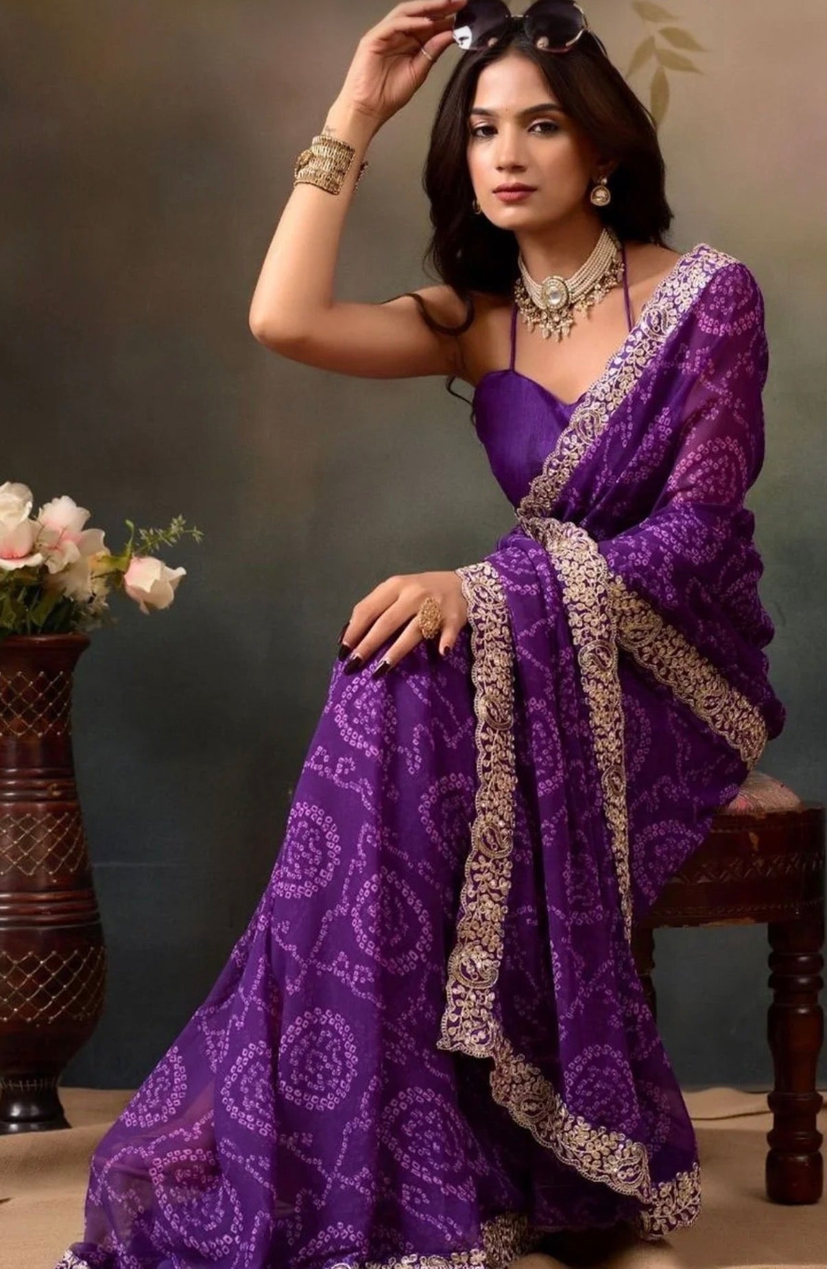 Bandhani printed saree with embroidered border
