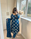 Beautiful Royal Blue Chinon Suit With Bottom And Dupatta