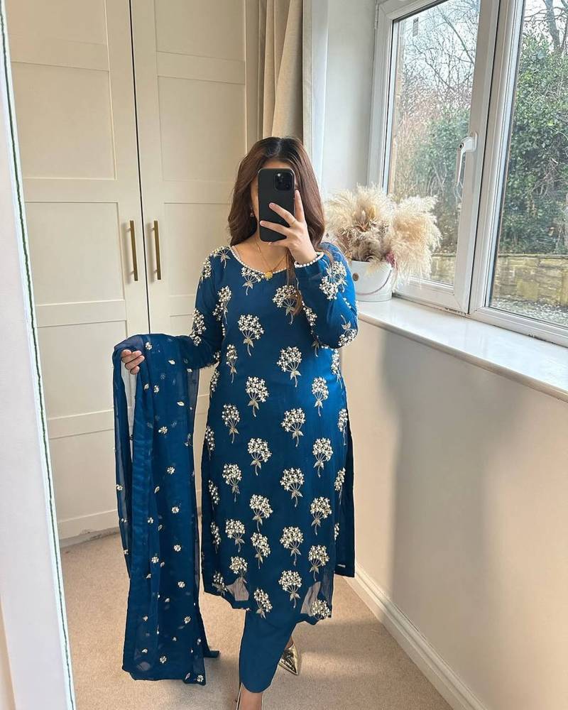 Beautiful Royal Blue Chinon Suit With Bottom And Dupatta