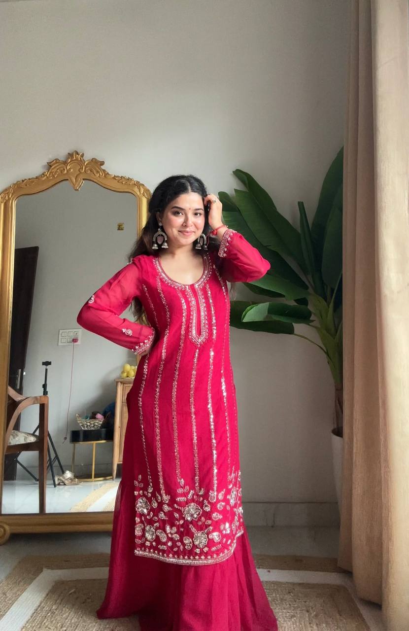 Pink Georgette Sharara Set With Belt-Style Dupatta