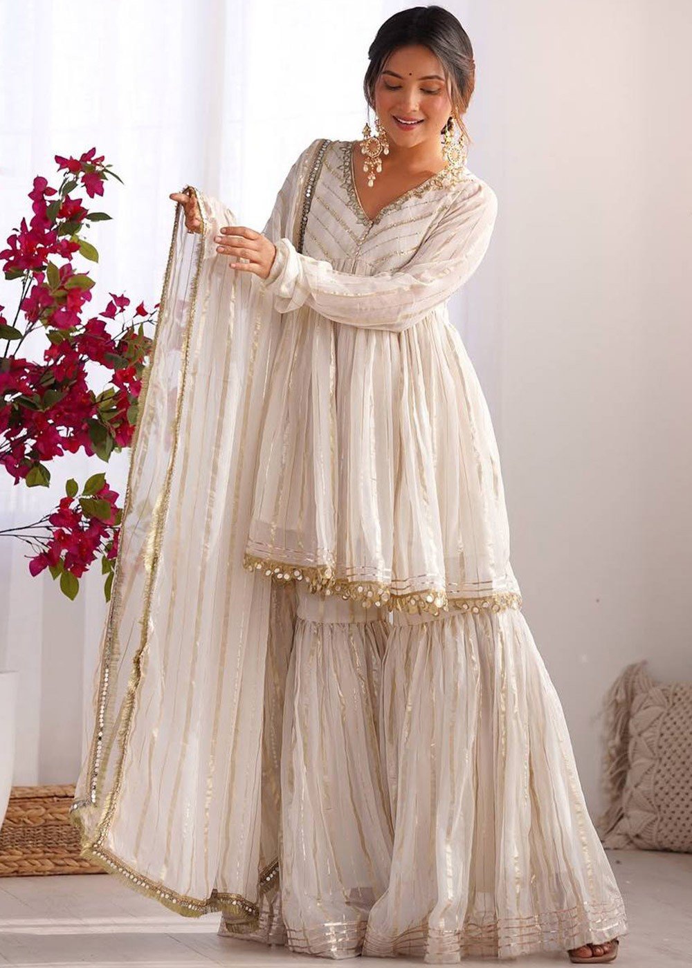 White Color Mal Chanderi Fabric With Mirror Work Top Sharara