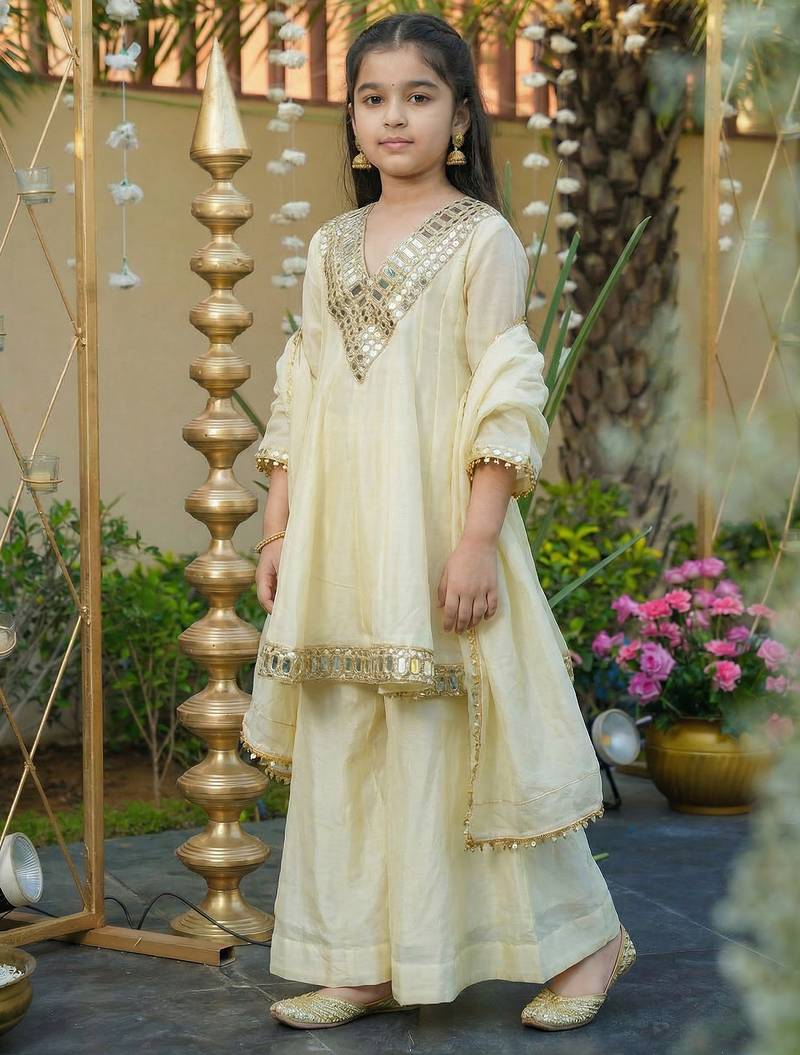 Girl's Silk Mirror Embroidered Designer Kurta Palazzo With Dupatta Set